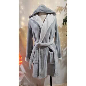 Topshop Plush Sherpa Fleece Lined Hooded Robe Womens Size 4-6 Gray Cozy Pockets